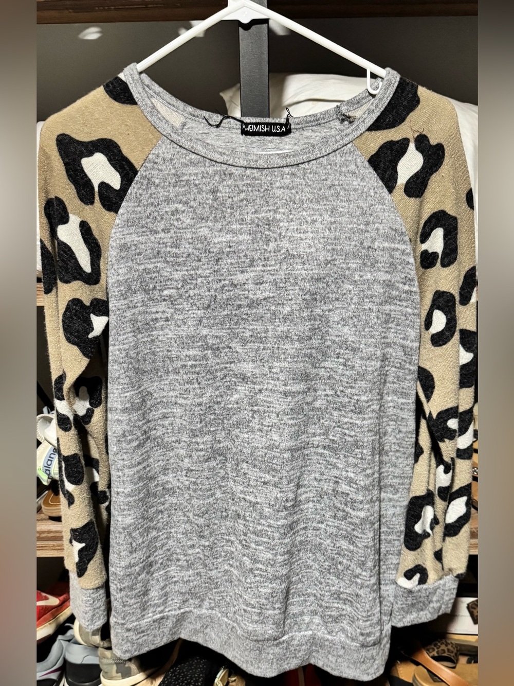 HEIMISH USA Gray Top with Tan & Black Leopard Raglan Sleeves